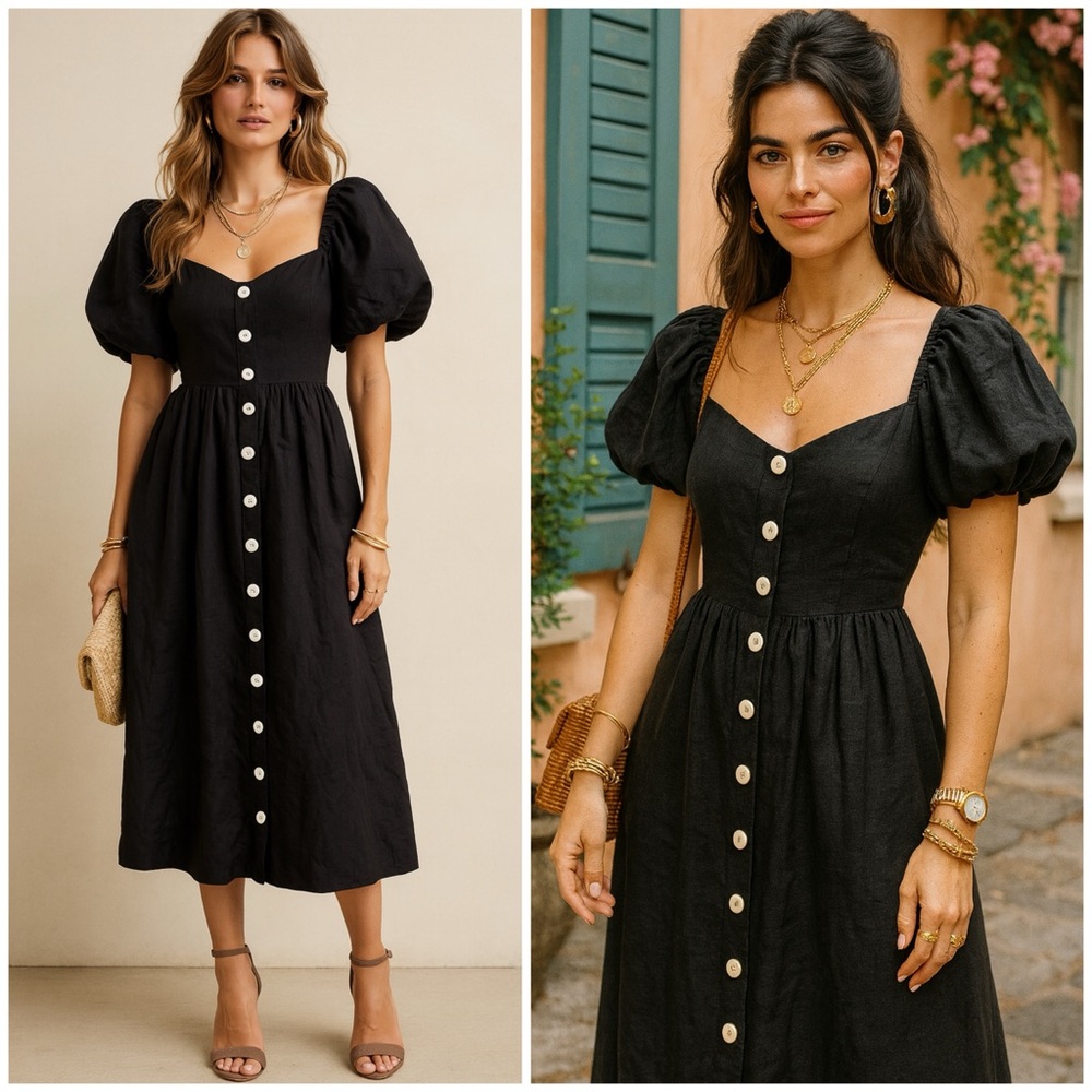 Tuckernuck Pomander Place Alexis Puff Sleeve Button Down Midi Dress Black XS